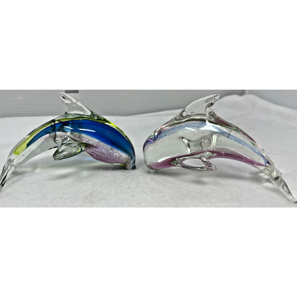 Hand Blown Art Glass Dolphin Figurine Paperweight Murano Swirl DAMAGE‎
